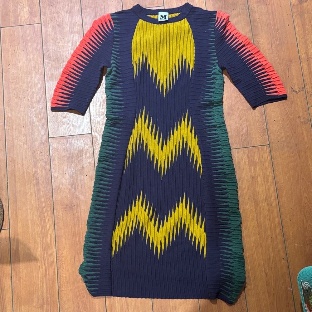 M by Missoni Navy and Yellow Zigzag Midi Dress
